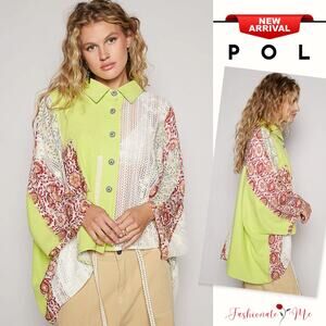 POL Floral Print Thermal & Crochet Lace Mix Buttoned Oversized Shirt | Neon Lime